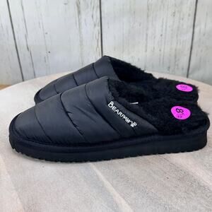 BEARPAW Puffy Quilted Faux Fur Lined Slipper Solid Black Womens Size 8.5 New